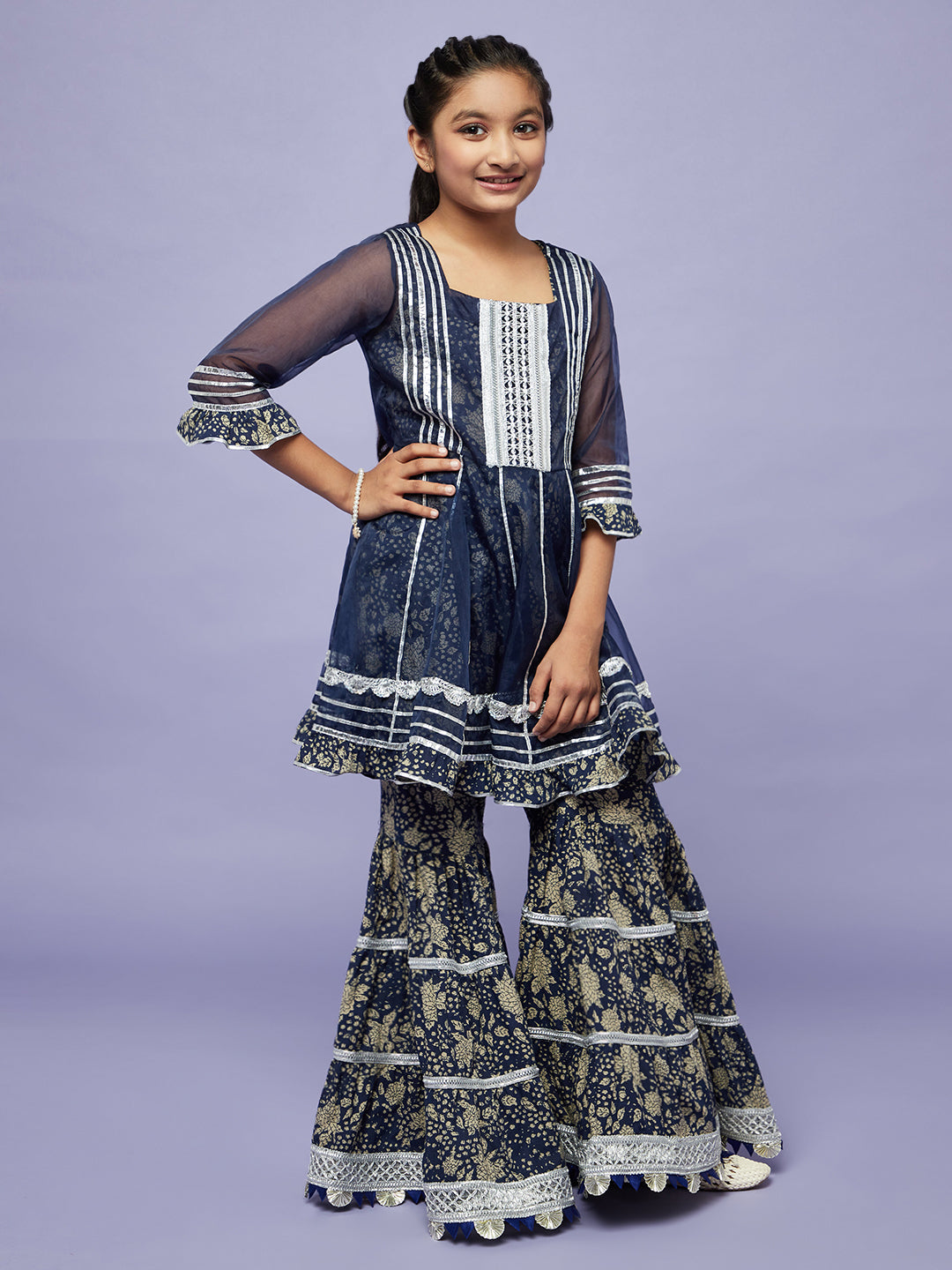 Navy Blue Floral Print Kurta Sharara Set