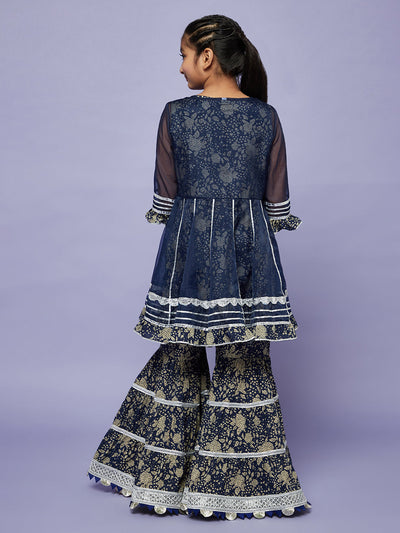 Navy Blue Floral Print Kurta Sharara Set