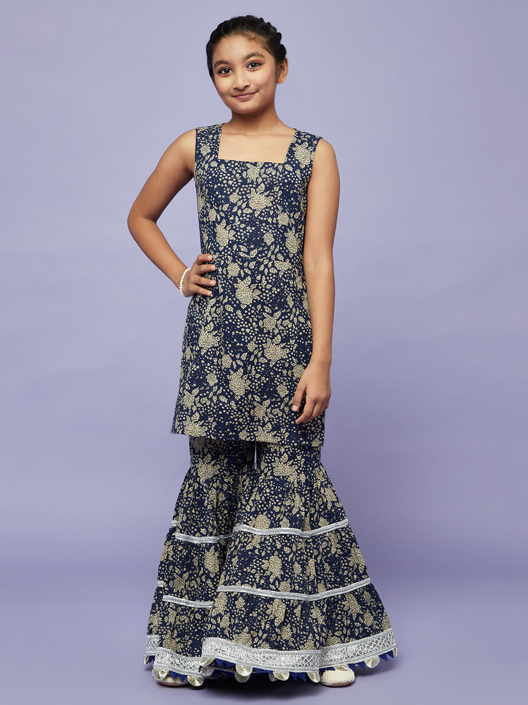 Navy Blue Floral Print Kurta Sharara Set