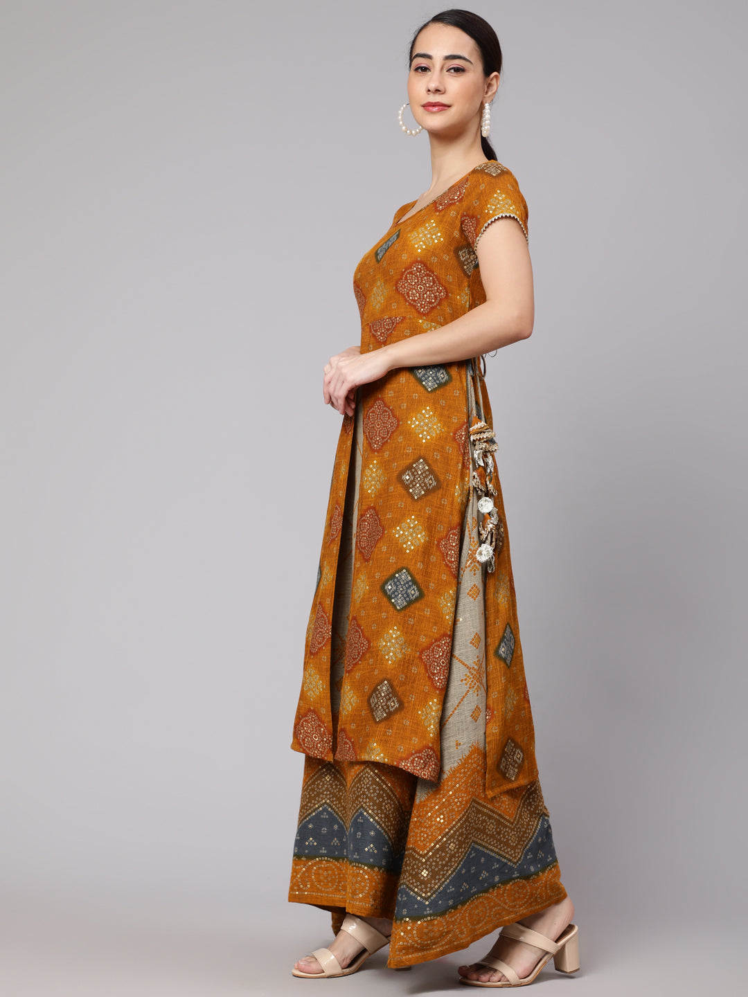 Mustard Bandhani Print Layered Maxi Dress