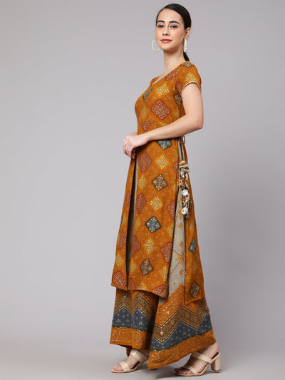 Mustard Bandhani Print Layered Maxi Dress