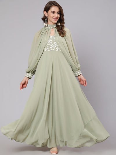 Pastel Green Embroidered Dress With Cape Sleeve