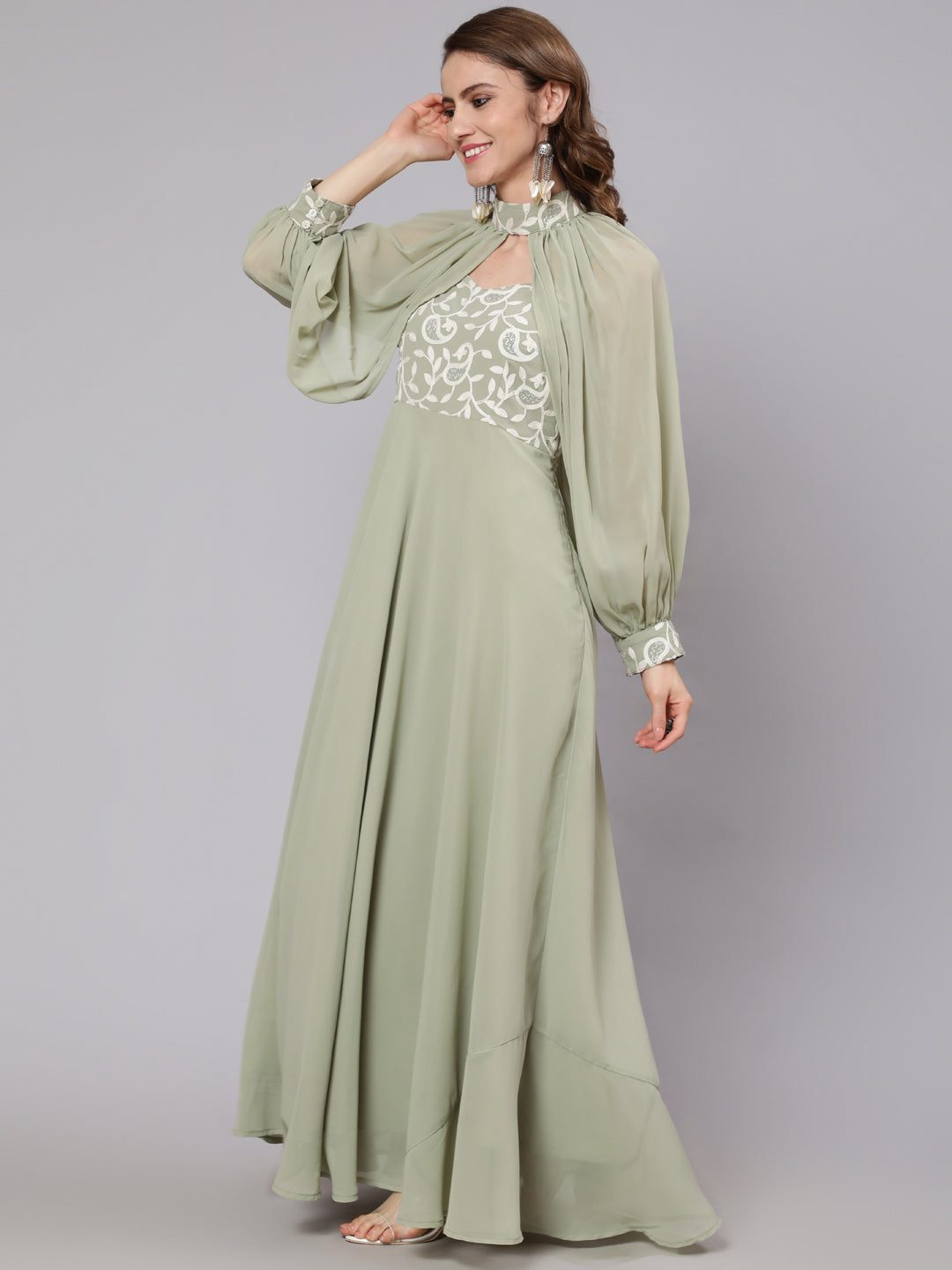 Pastel Green Embroidered Dress With Cape Sleeve