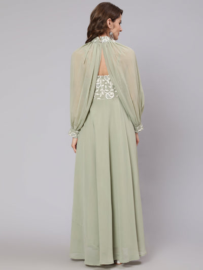 Pastel Green Embroidered Dress With Cape Sleeve