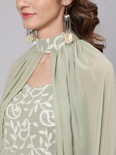 Pastel Green Embroidered Dress With Cape Sleeve