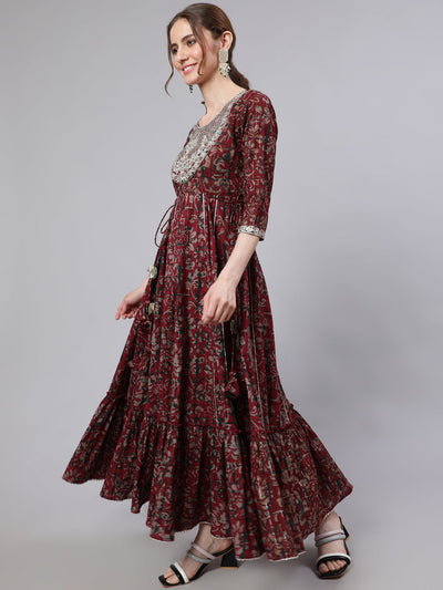 Maroon Floral Print Maxi Dress