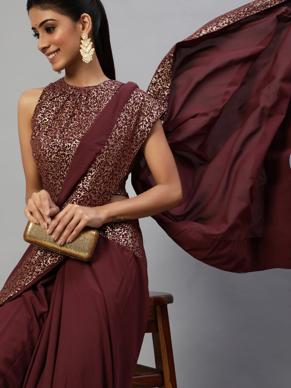 Burgundy Foil Printed Saree With Blouse