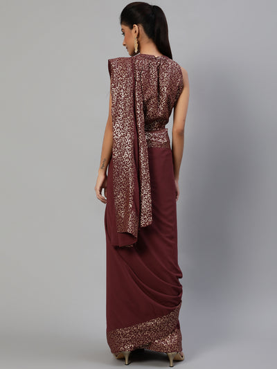 Burgundy Foil Printed Saree With Blouse