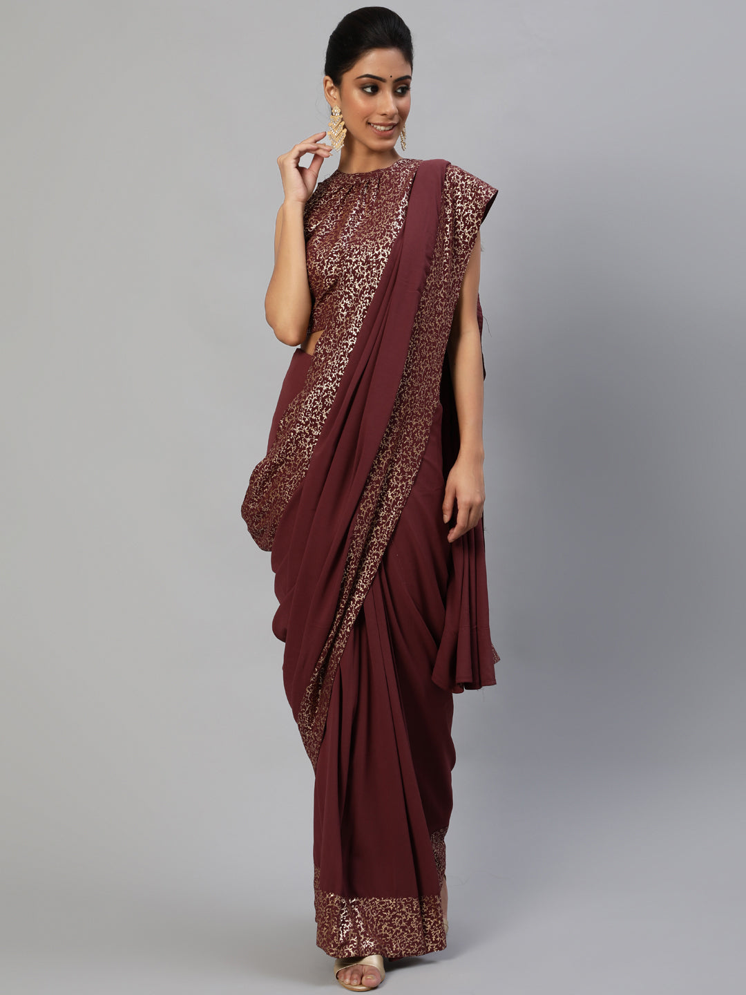 Burgundy Foil Printed Saree With Blouse