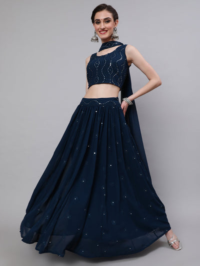 Mother Daughter Combo-Blue Mirror Work Lehenga Choli Set