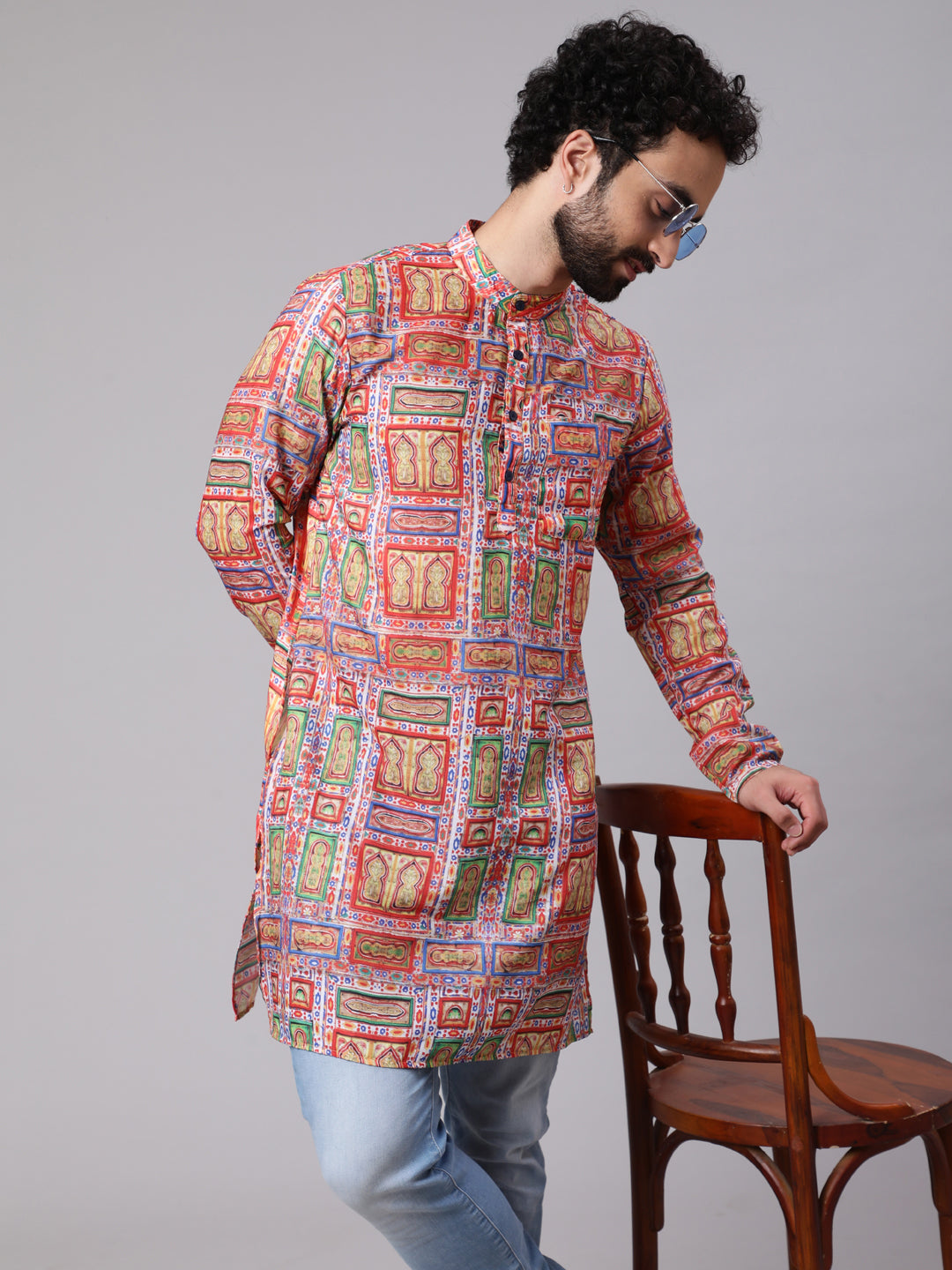 Red Green Geometric Print Kurta