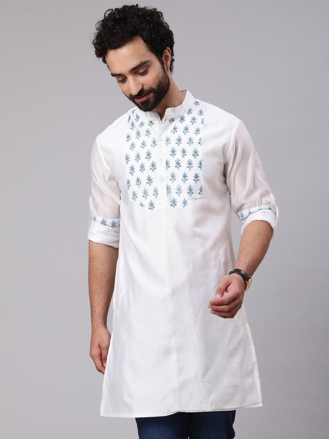 White & Blue Hand Block Print Kurta