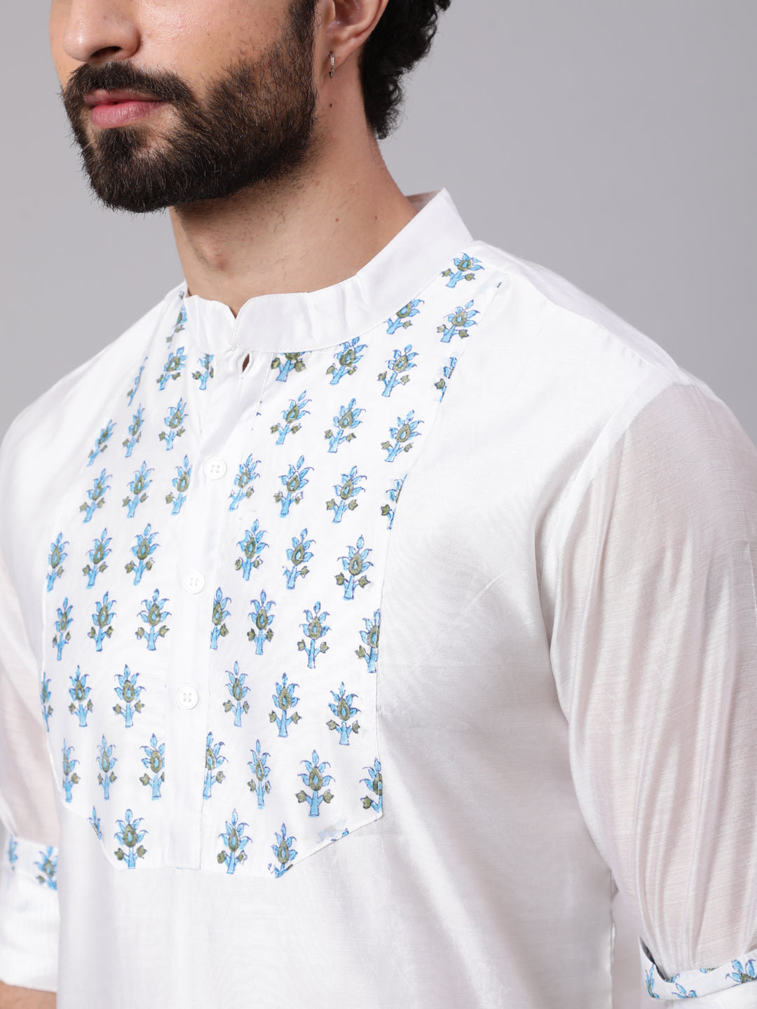 White & Blue Hand Block Print Kurta