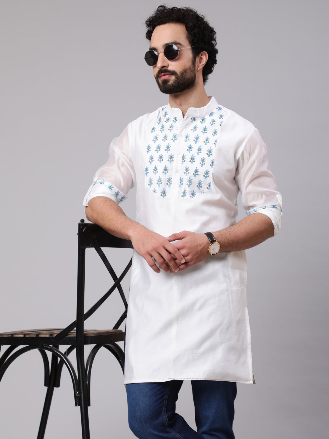 White & Blue Hand Block Print Kurta