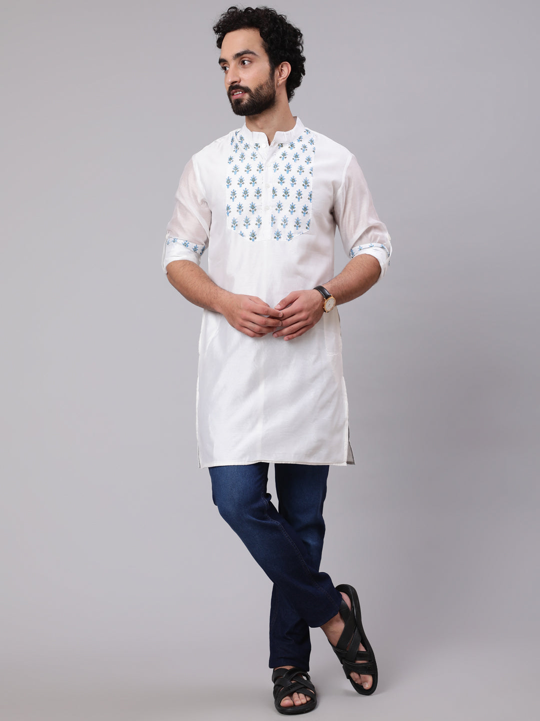 White & Blue Hand Block Print Kurta