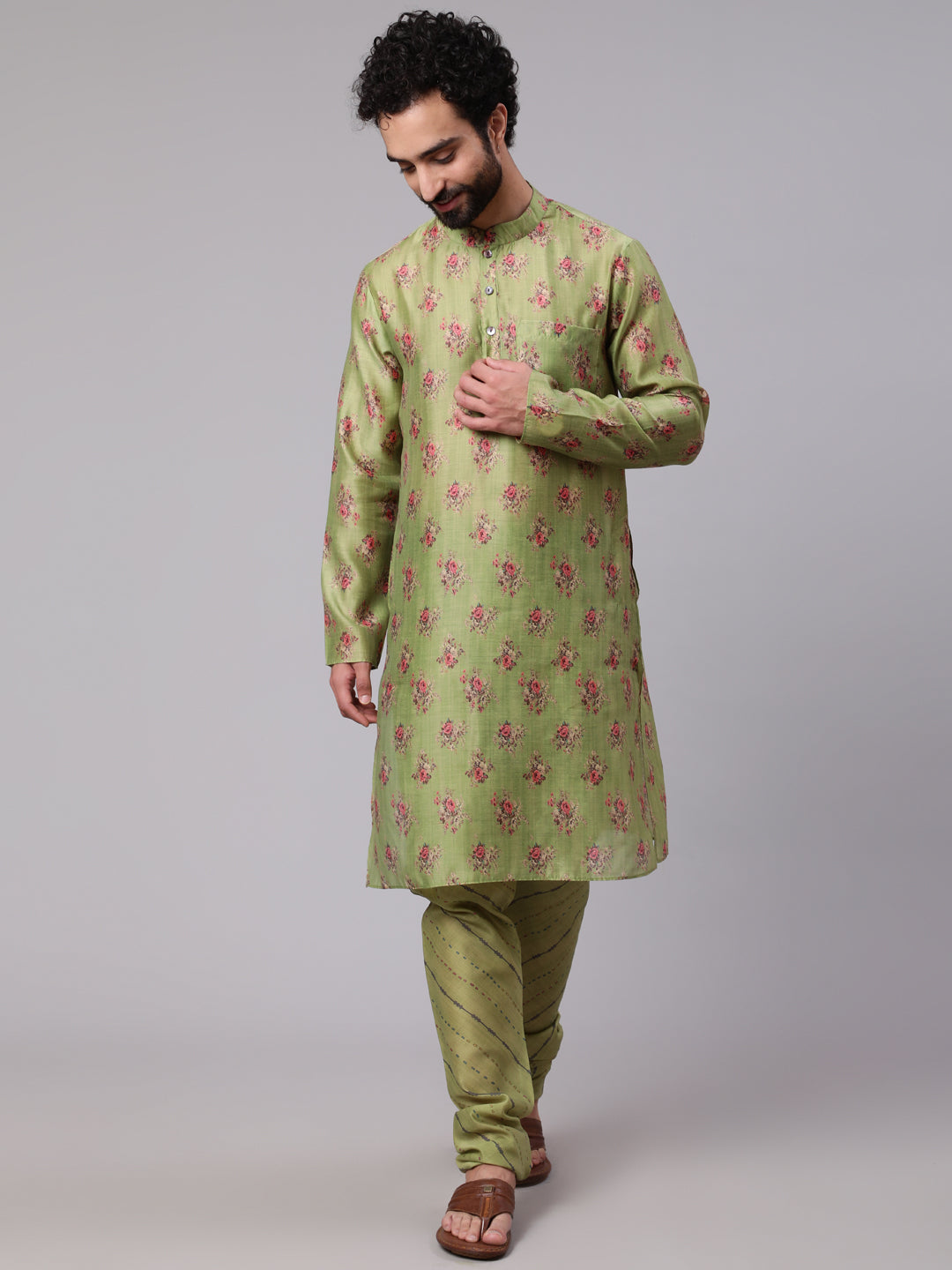 Green Floral Print Kurta With Churidar