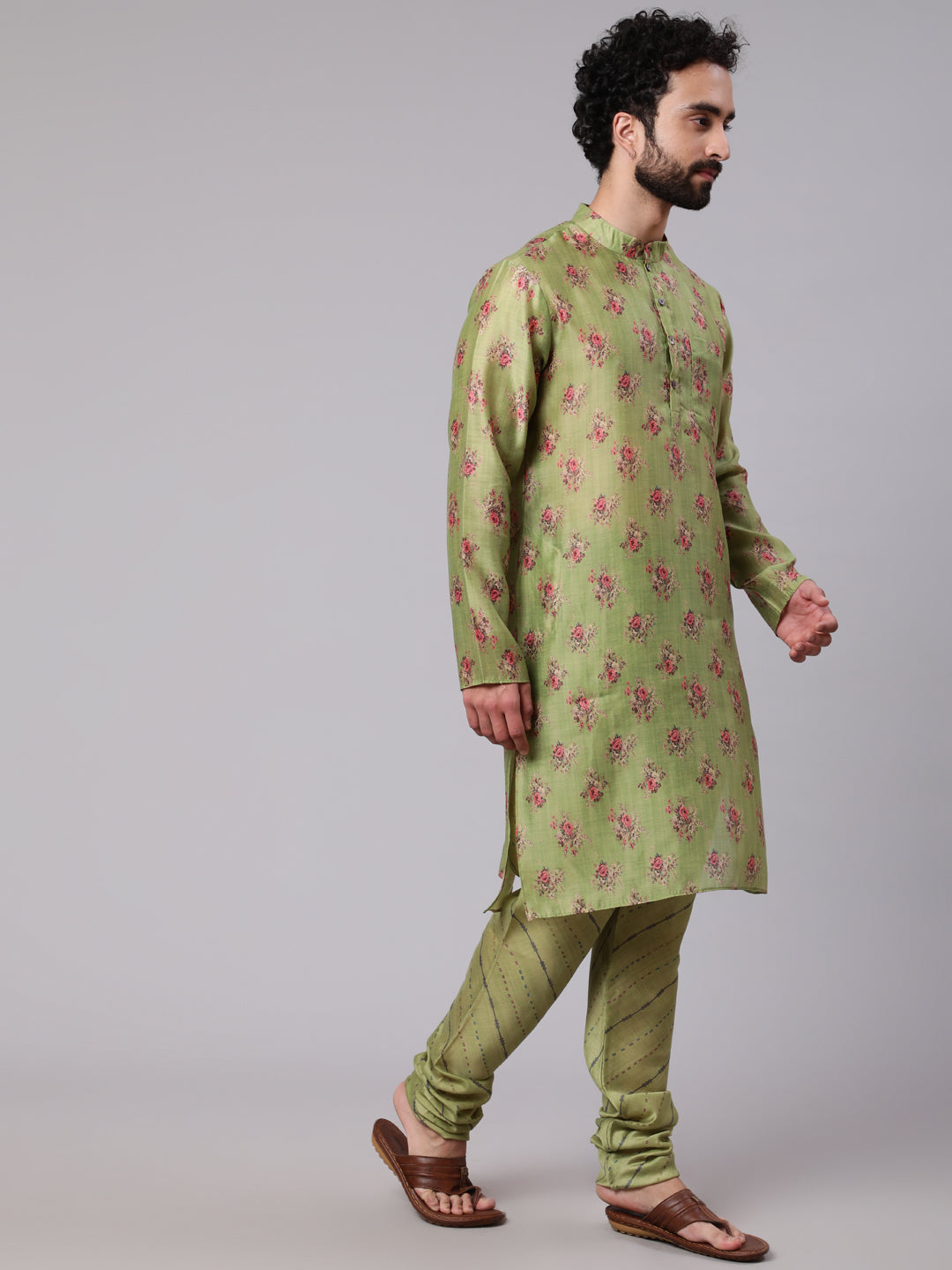 Green Floral Print Kurta With Churidar