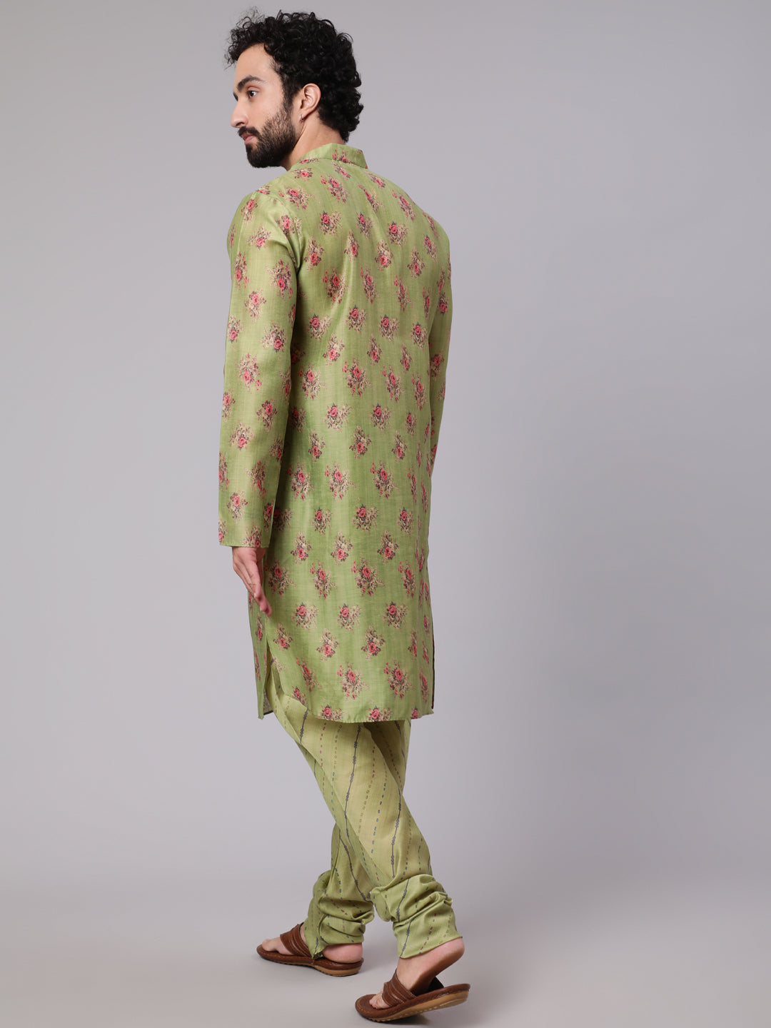 Green Floral Print Kurta With Churidar