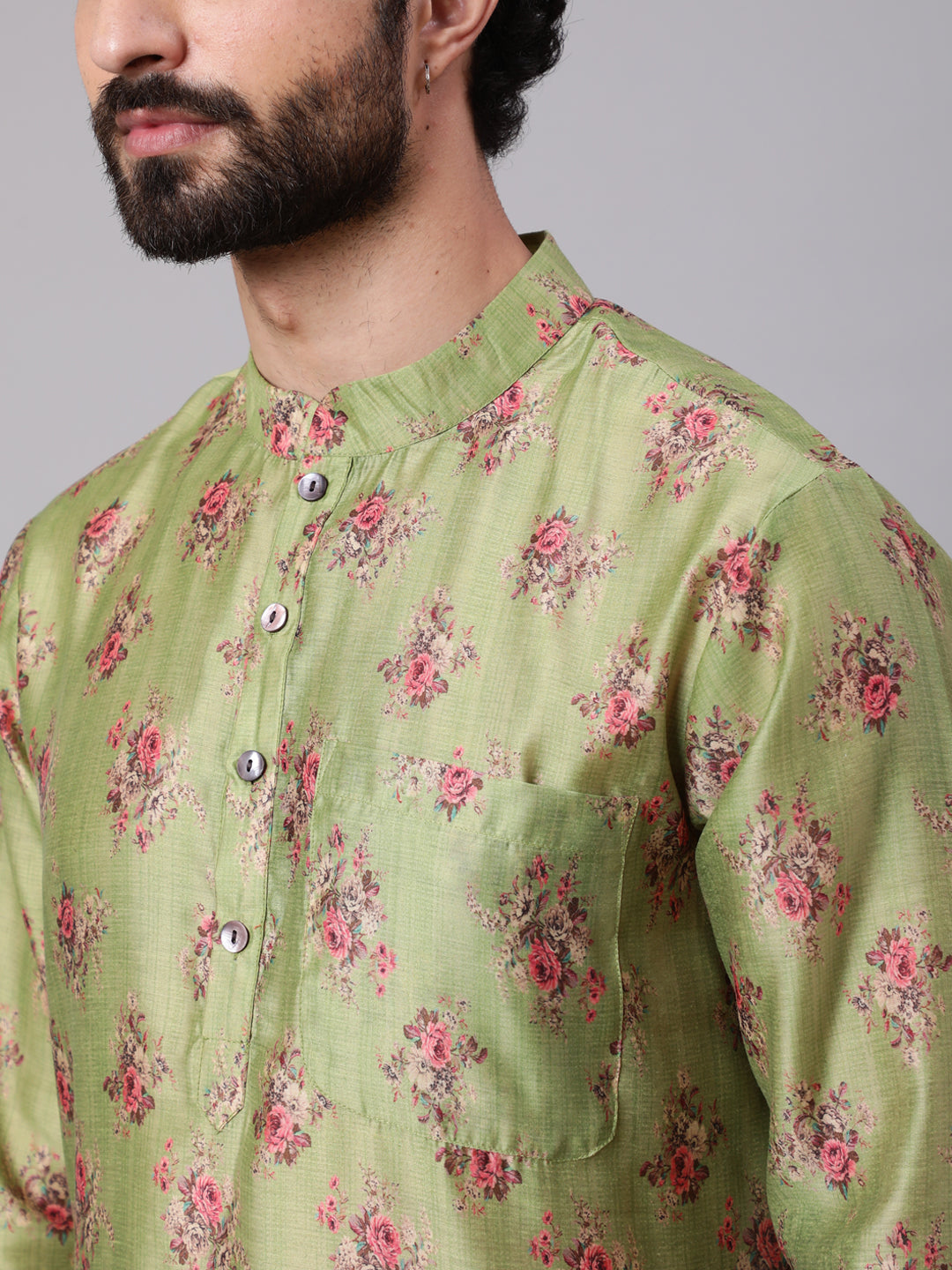 Green Floral Print Kurta With Churidar