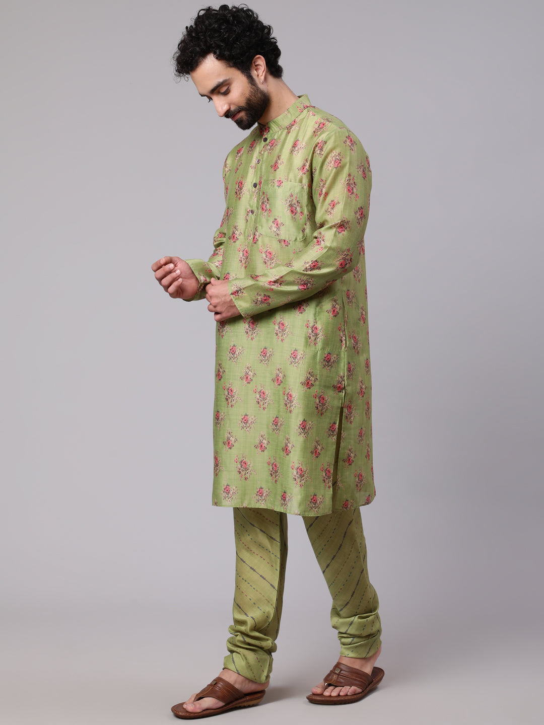 Green Floral Print Kurta With Churidar