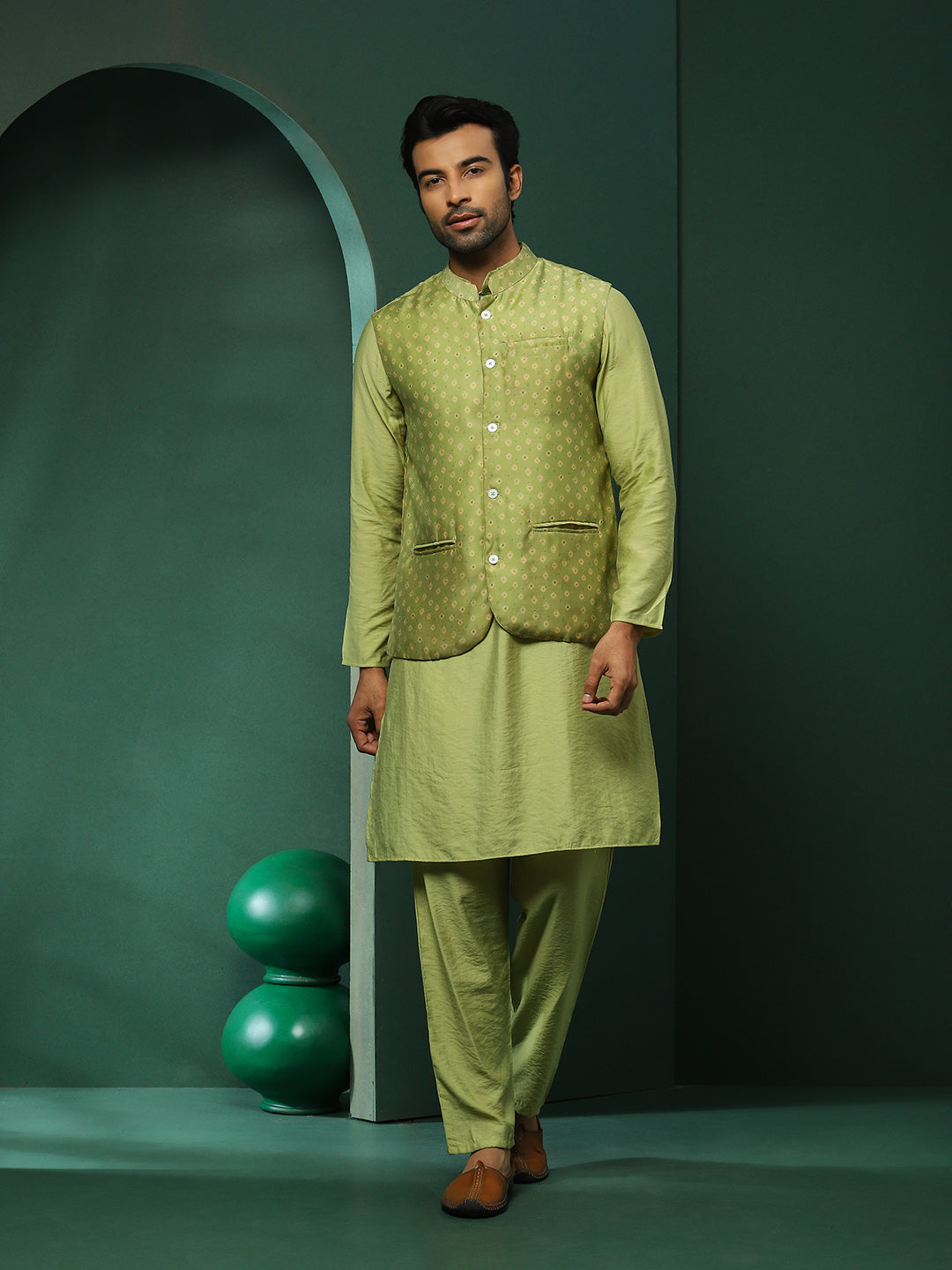 Green Ethnic Motifs Couple Combo Set