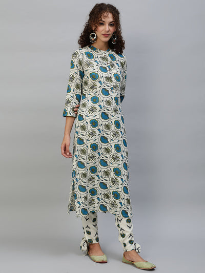 Cream Floral Print Kurta With Pant