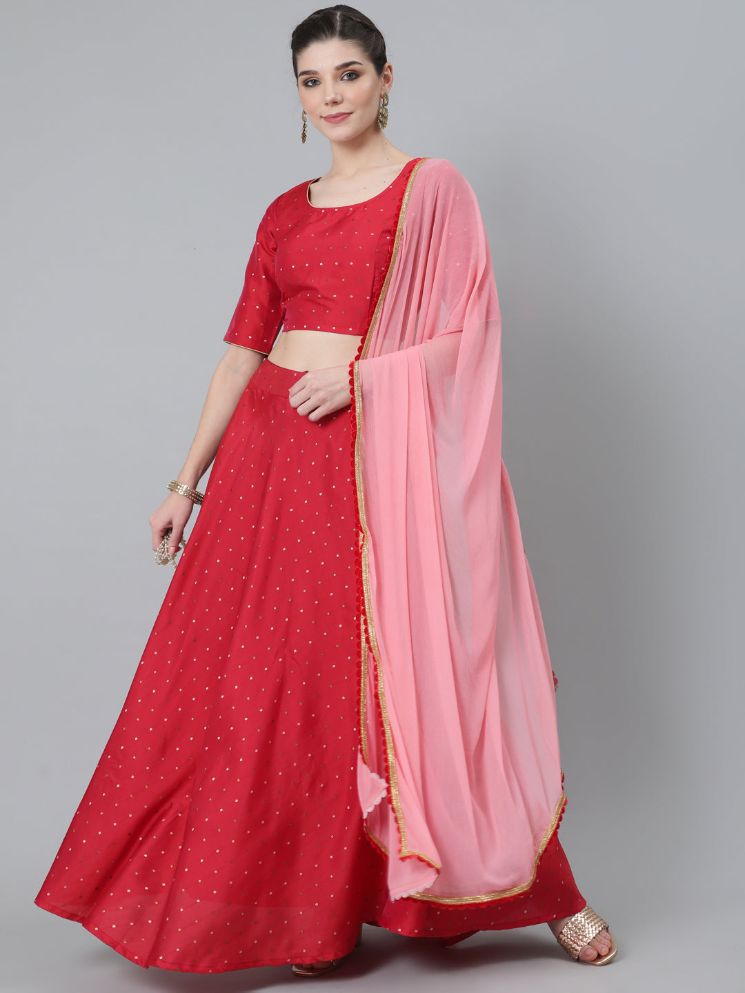 Red Dobby Woven Designed Lehenga Choli With Dupatta