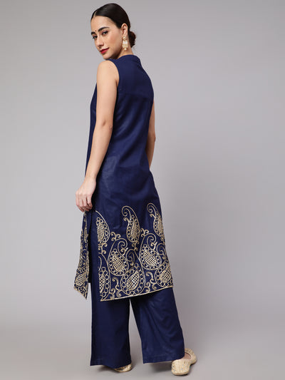 Navy Blue Embroidered Kurta With Palazzo