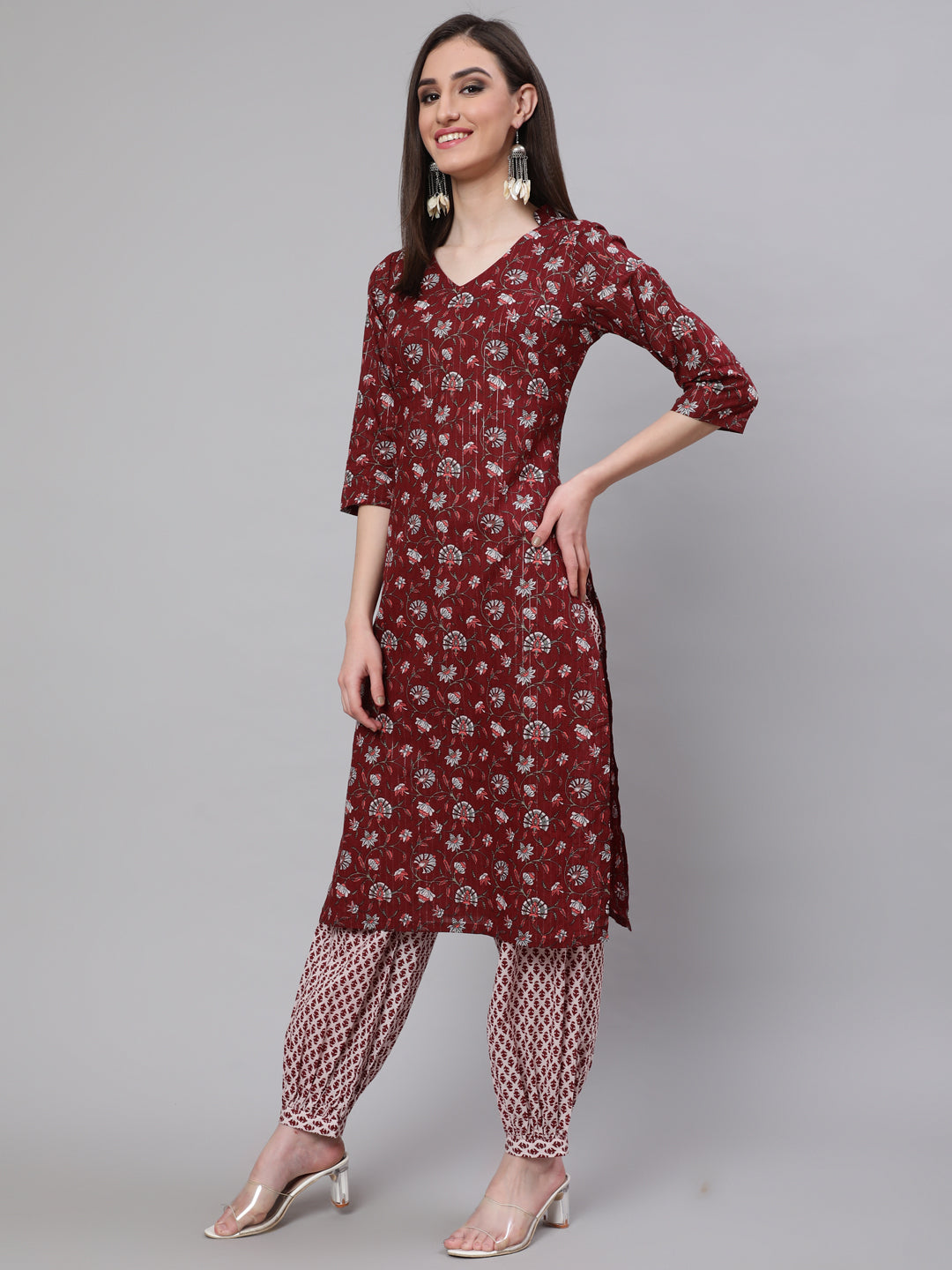 Maroon Printed Lurex Kurta Palazzo With Dupatta