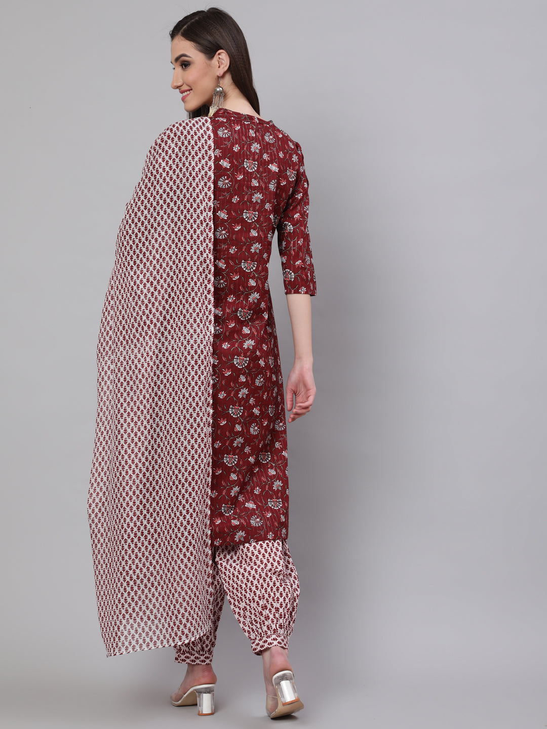 Maroon Printed Lurex Kurta Palazzo With Dupatta