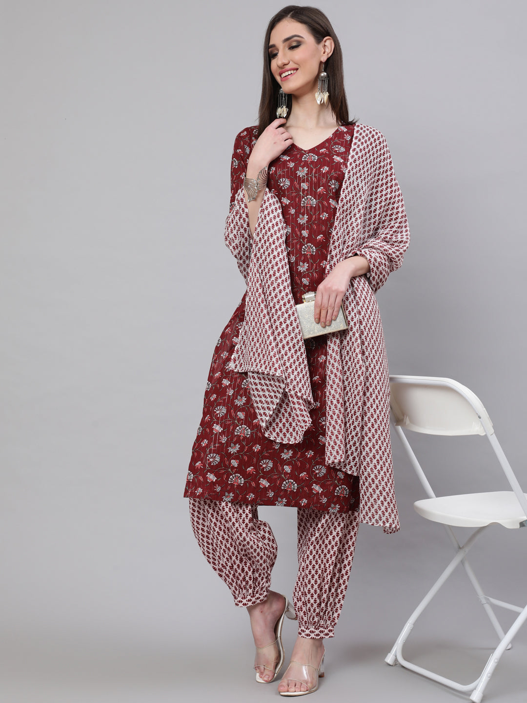 Maroon Printed Lurex Kurta Palazzo With Dupatta