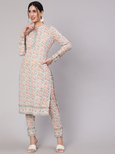 White Floral Print Cotton Kurta Set