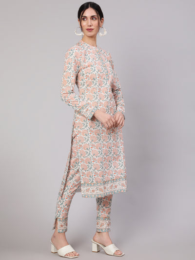 White Floral Print Cotton Kurta Set