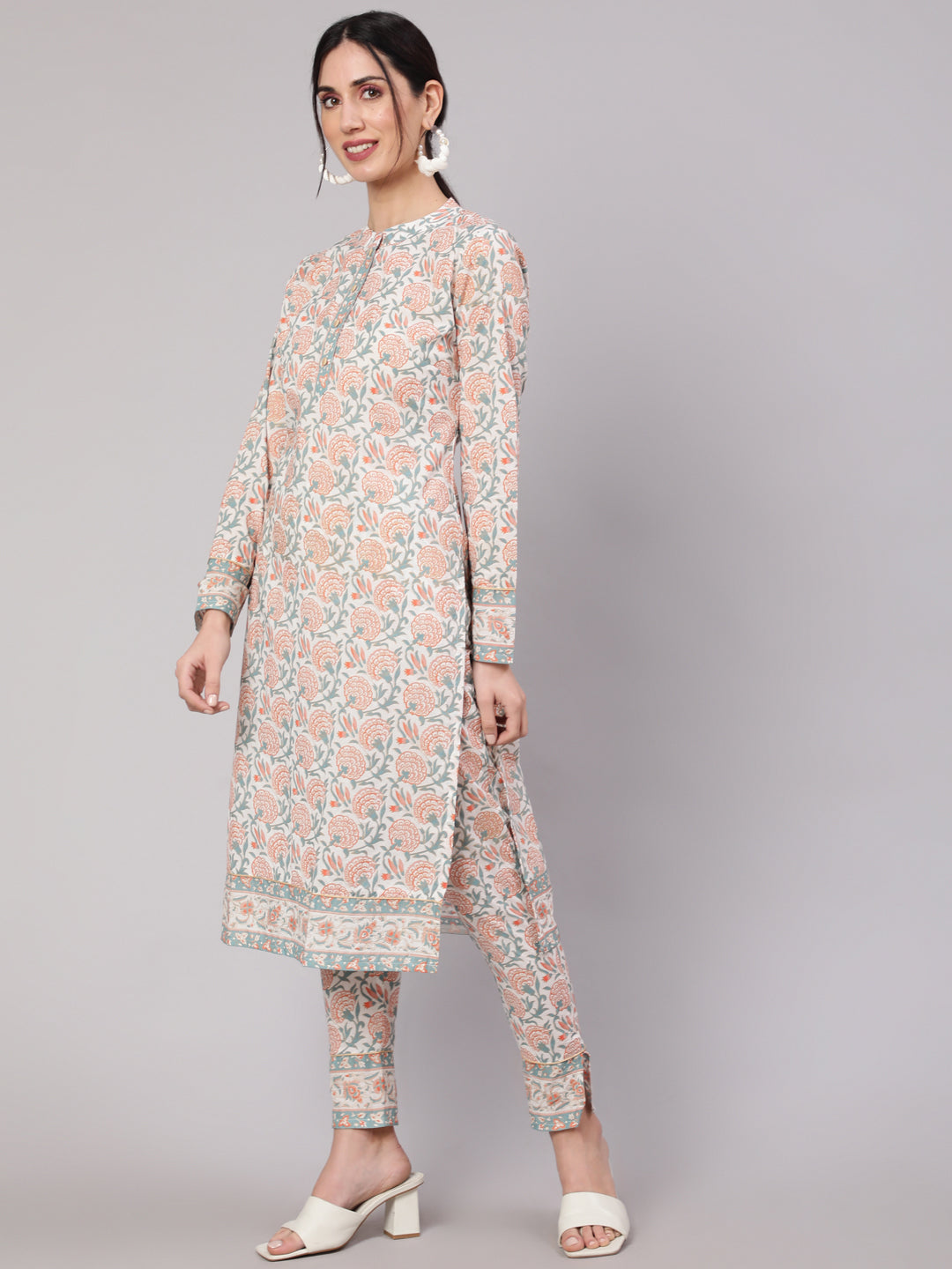 White Floral Print Cotton Kurta Set