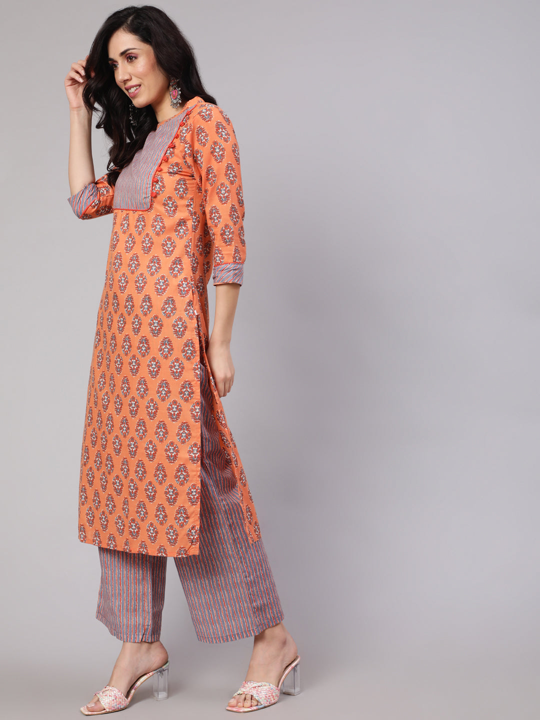 Peach Printed Kurta Palazzo With Dupatta