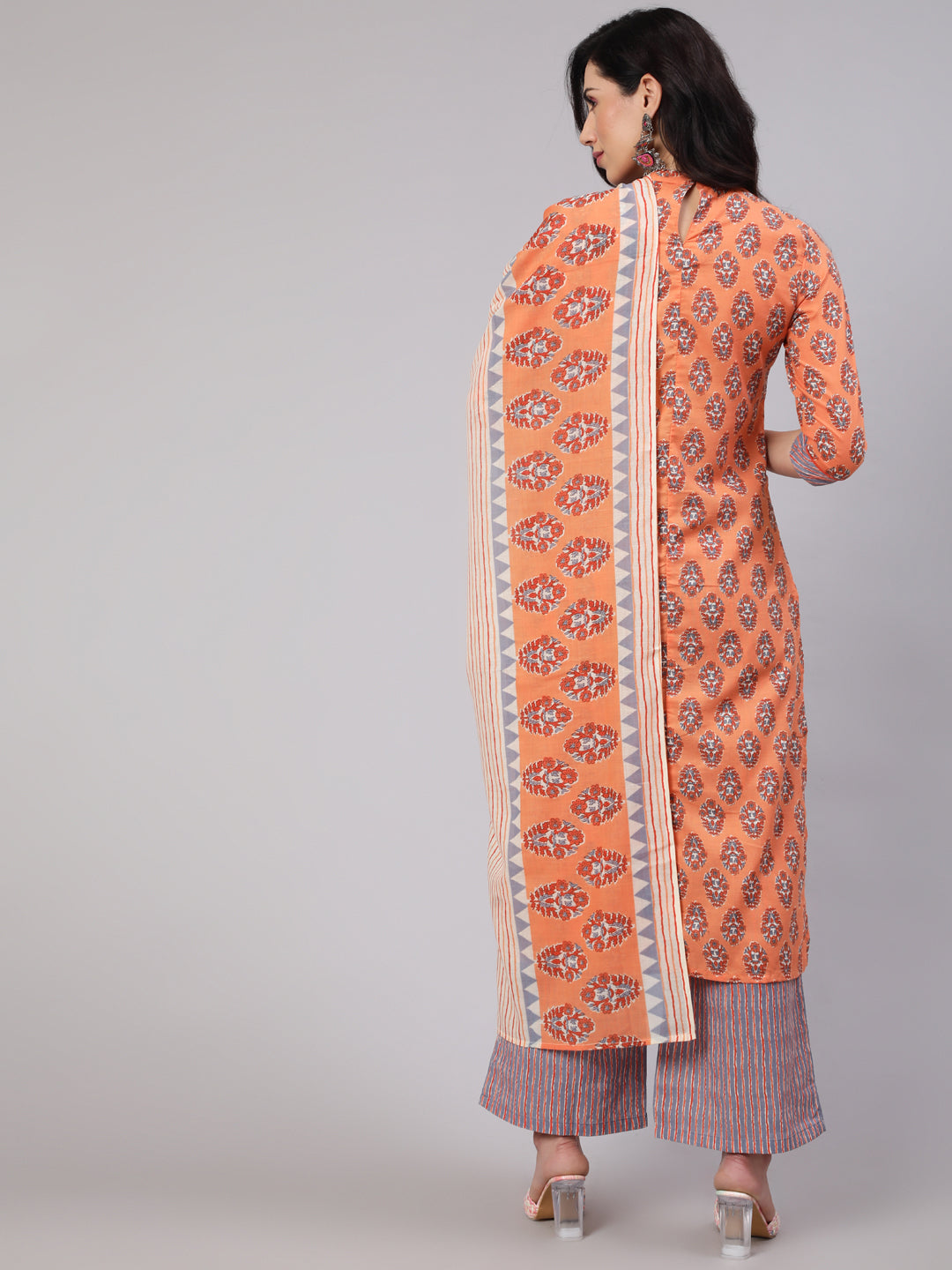 Peach Printed Kurta Palazzo With Dupatta