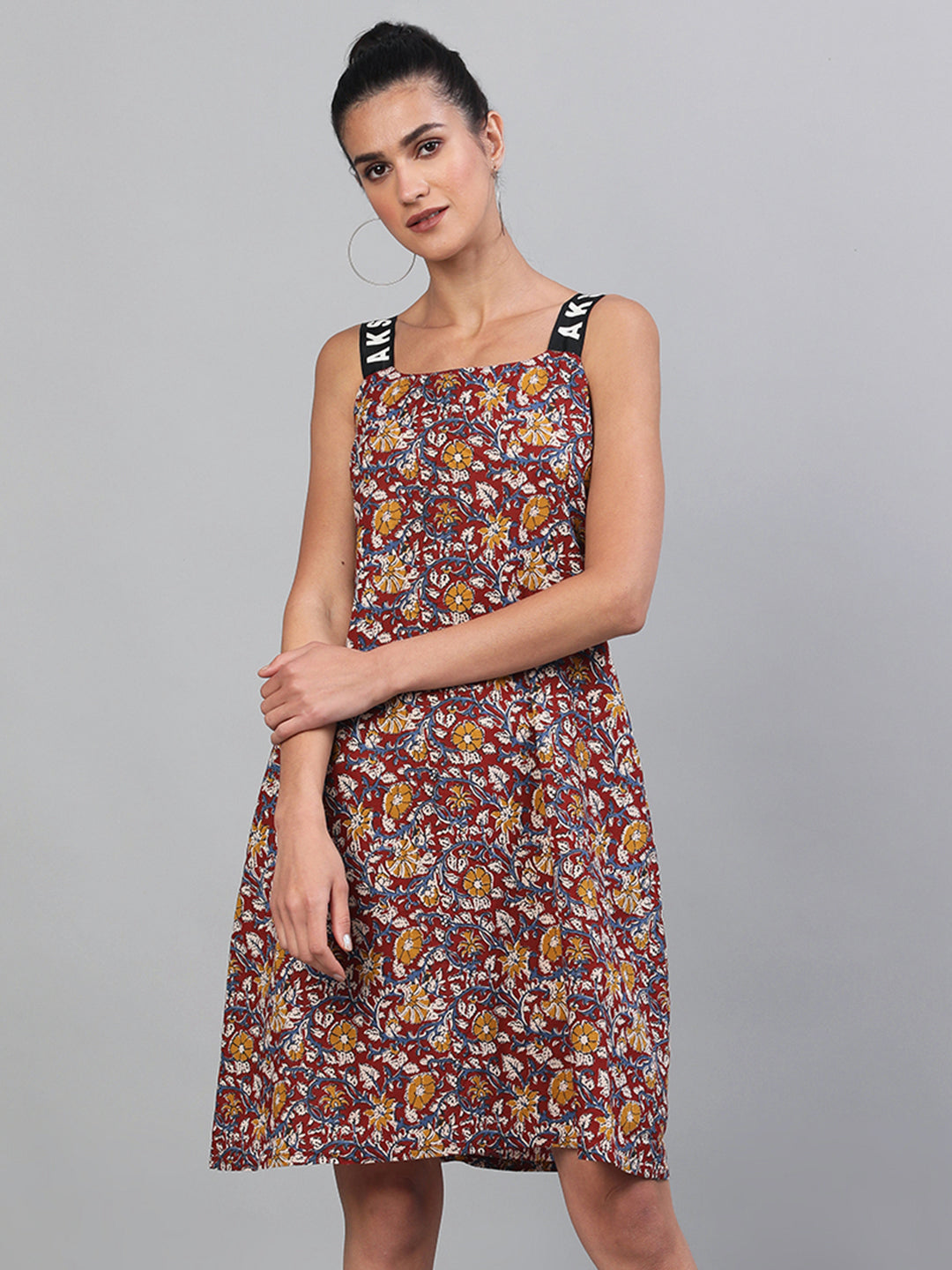 Maroon Floral Print A-Line Dress