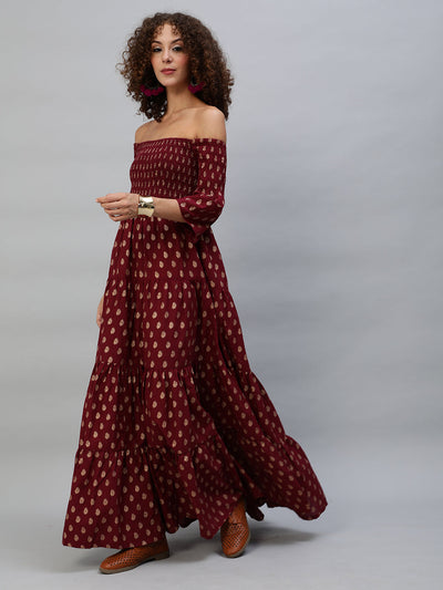 Maroon Gold Printed Off Shoulder Tiered Dress Mother Daughter Combo