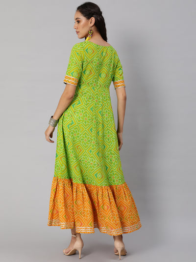 Green Bandhani Print Flared Maxi Dress