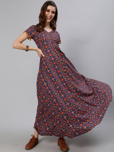 Blue Patola Print Flared Maxi Dress