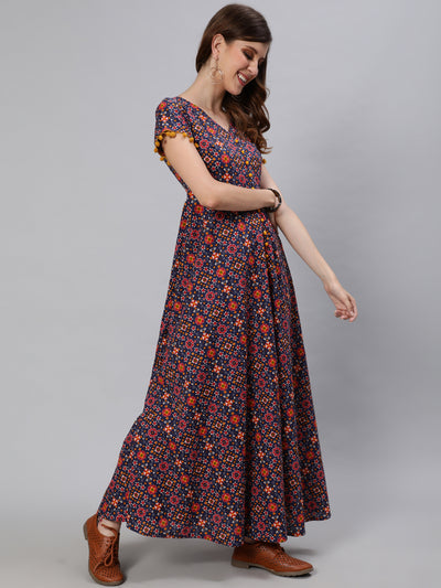 Blue Patola Print Flared Maxi Dress