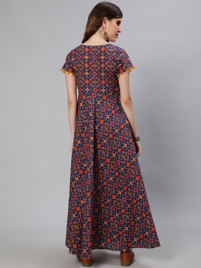 Blue Patola Print Flared Maxi Dress