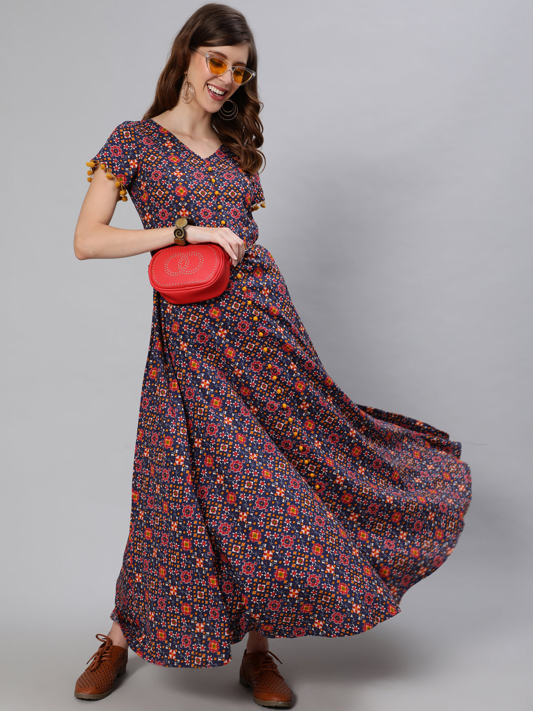 Blue Patola Print Flared Maxi Dress