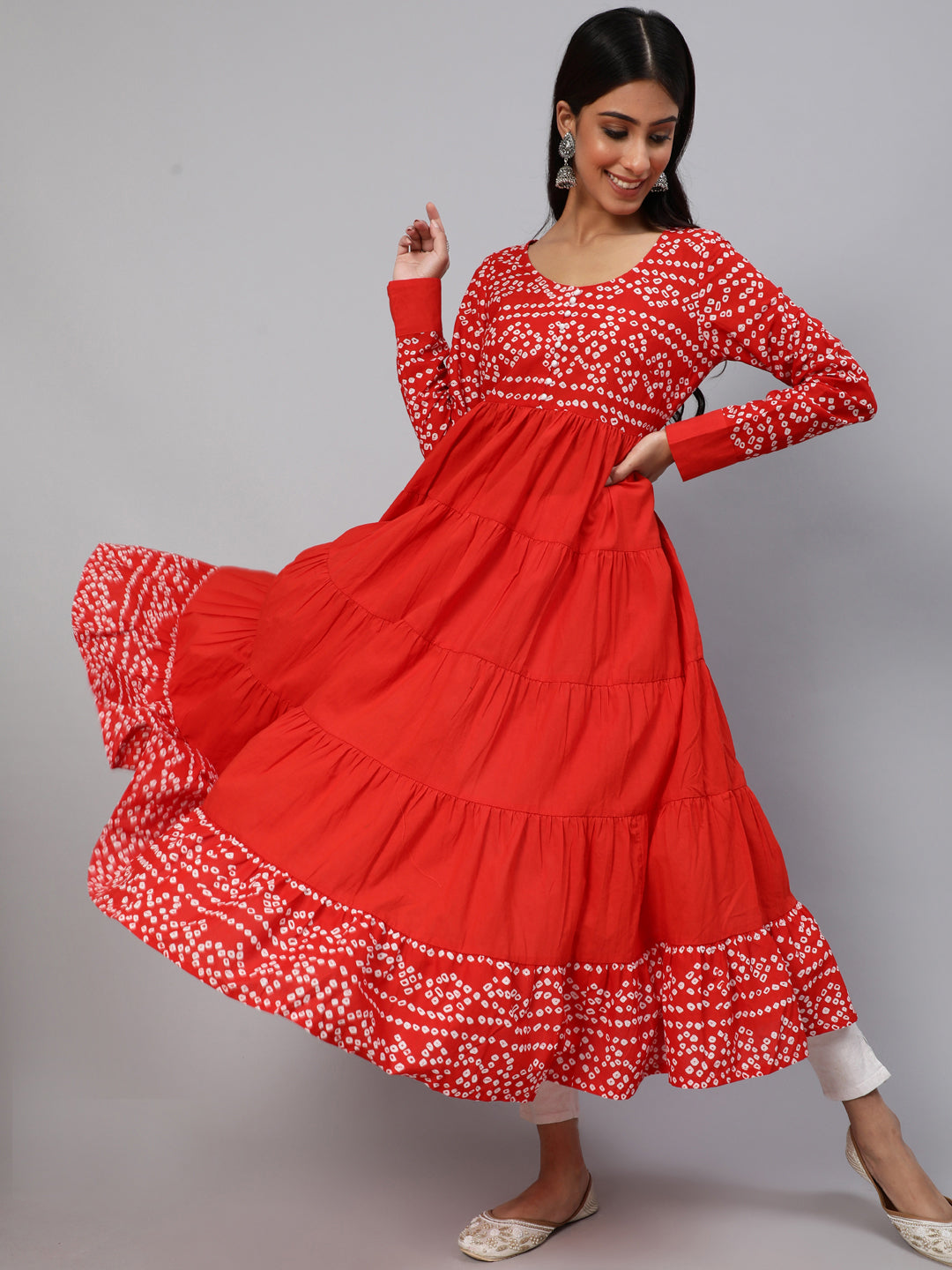 Red Bandhani Print Tiered Anarkali