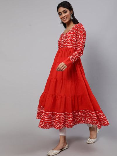 Red Bandhani Print Tiered Anarkali