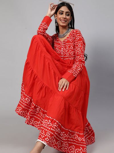 Red Bandhani Print Tiered Anarkali