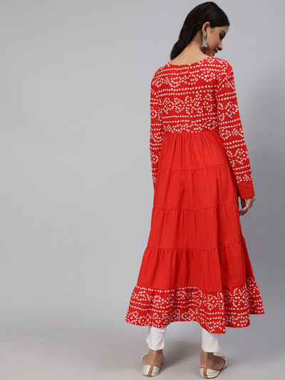 Red Bandhani Print Tiered Anarkali