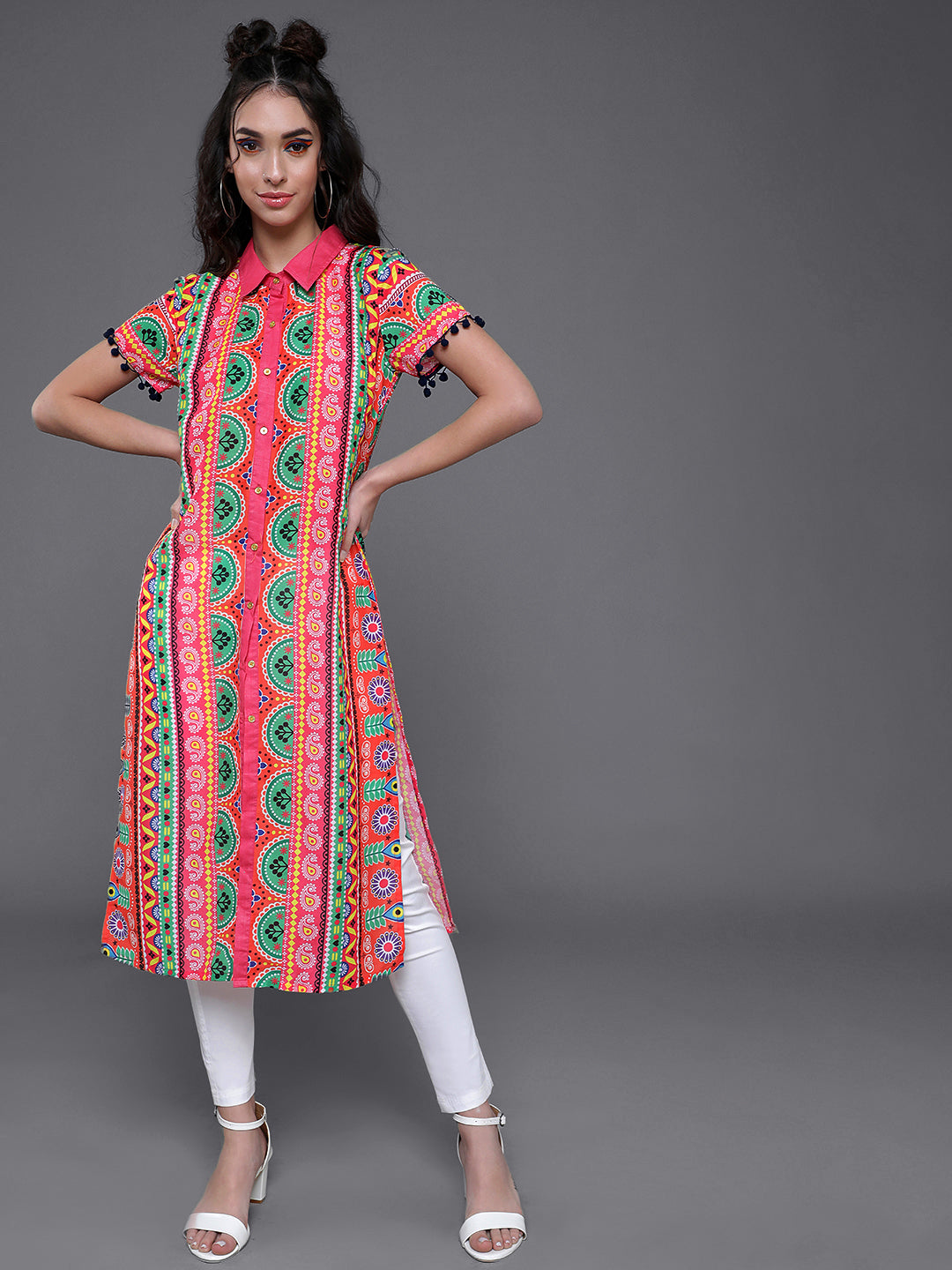 Multicolor Floral Print Button Down Kurta