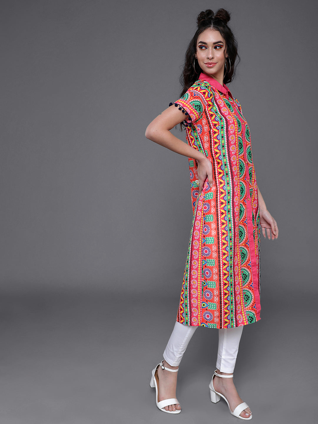 Multicolor Floral Print Button Down Kurta