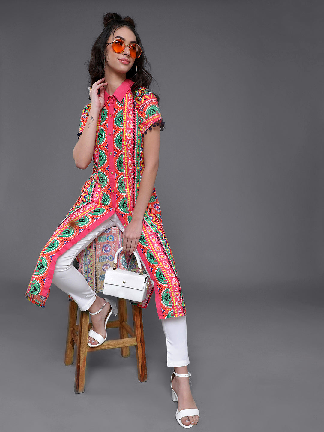 Multicolor Floral Print Button Down Kurta